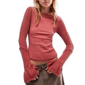 Free People Cuffing Season Crochet Bell Sleeve Ribbed Knit Top in Dusty Cedar  S
